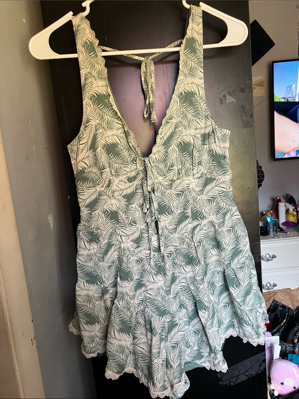 Trixxi Green Leaf-Print Romper with Tie-Back